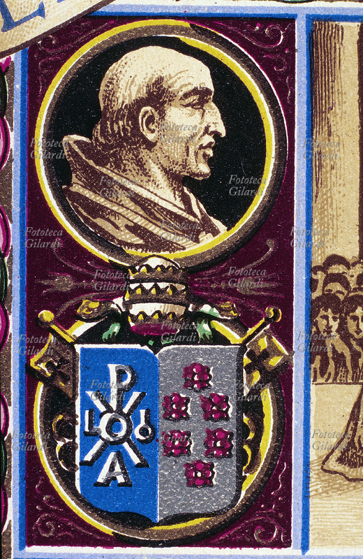 PAPA SAN LEONE III (750-816), nato a Roma, eletto nel 795. Durante il suo pontificato incoronò Carlo Magno. Ritratto con stemma, dettaglio da una cartolina cromolitografica della \