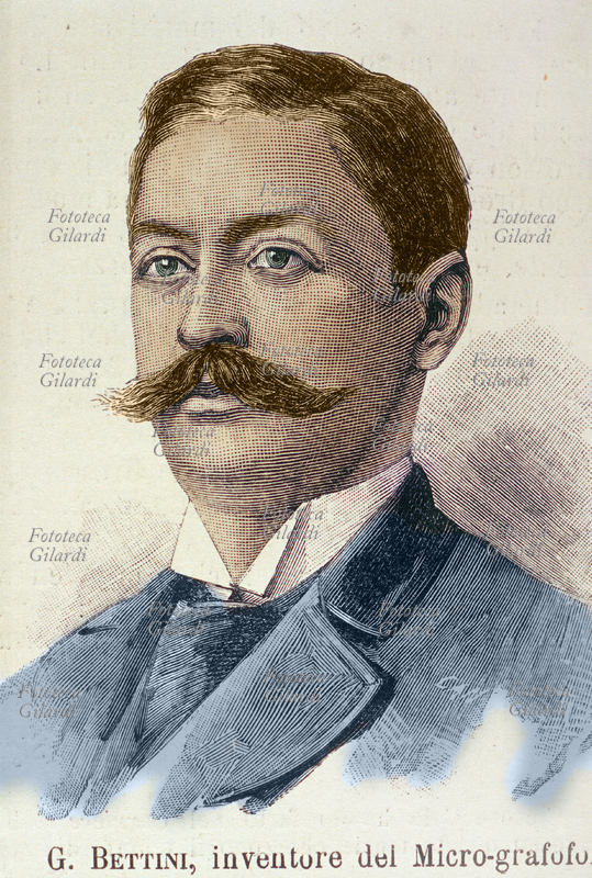 Giovanni BETTINI inventore italiano, residente negli Stati Uniti, ideatore del micro-grafofono, un perfezionamento del fonografo, stampa colorata 1892
