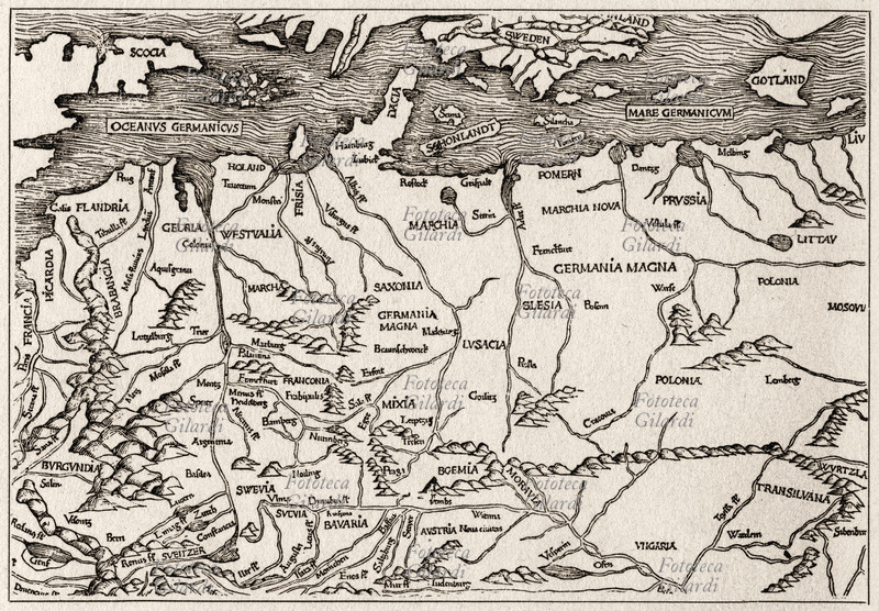 GERMANIA Carta rinascimentale della Germania e degli stati confinanti. Nella rappresentazione delle aree costiere si esauriscono le scarse cognizioni geografiche del periodo. Germania, 1493.