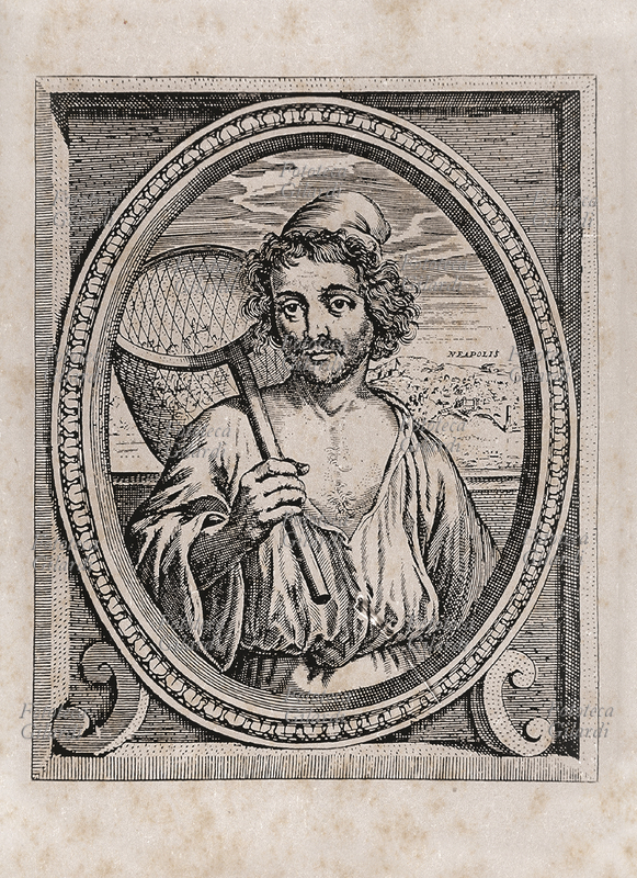 Baruch DE SPINOZA (24 novembre 1632- 21 febbraio 1677) ritratto come Masaniello. Filosofo olandese, ritenuto uno dei maggiori esponenti del razionalismo del XVII secolo. Incisione su rame di Pieter De Jode, Olanda 1677