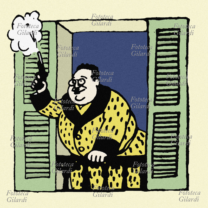 Gaston LEROUX (1868-1927) ritratto umoristico che lo raffigura festoso mentre spara dalla finestra per aver finito un romanzo, vignetta XIX secolo