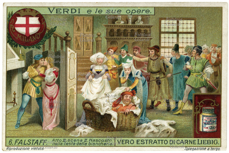 Giuseppe VERDI (10 ottobre 1813 – 27 gennaio 1901) "Falstaff nascosto nella cesta della biancheria", atto II, scena II da "Falstaff" (1893), mentre Fenton e Nannetta si baciano dietro il paravento, l\