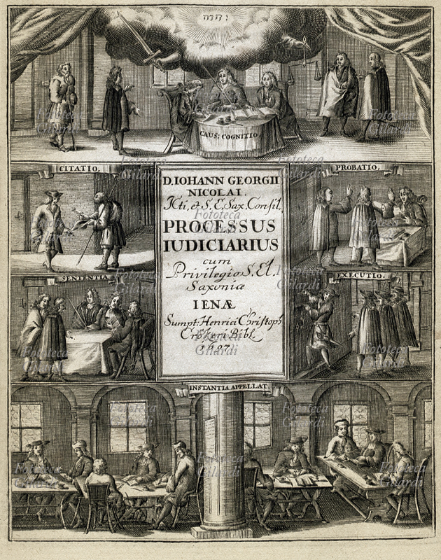 GIURISPRUDENZA frontespizio illustrato del trattato "Processus Judiciarius Primae Et Secundae Instantiae, nec non execution": sotto la protezione della Giustizia divina si snodano le scene giuridiche "caus. cognitio", "citatio", "probatio", "sententia", "executio", ed infine "instantia appellat". Cum privilegio S. Et. Saxonia, Studio & opera D. Iohann Georgii Nicolai (1618-1690), per i tipi di Henrici Christophori Crokeri (1690-1727) Bibl., quarta edizione, Jena 1697