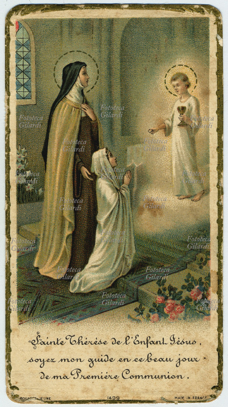 SAINT TERESA of the Bambin Jesus (or Lisieux 1873-1897) immaginetta cromolitografica, 1929. The Saint is represented mentra accompanies a child to its First Communion.