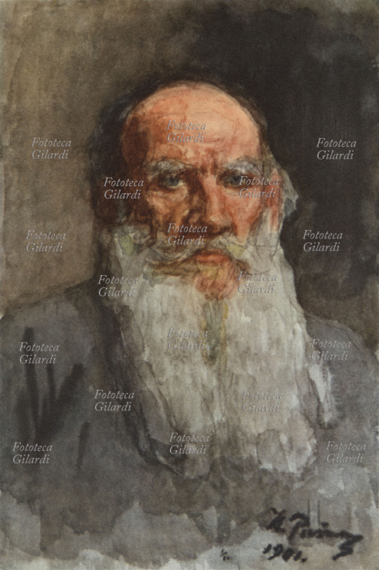 Lev TOLSTOJ (1828-1910) Narratore realista è considerato uno dei più grandi romanzieri di tutti i tempi. Ritratto di I. Repin. Acquarello, 1901