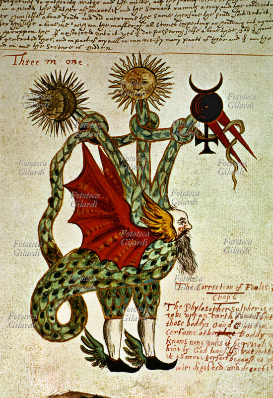 ALCHIMIA Un dragone a tre braccia tiene i simboli alchemici del Mercurio (a destra), dell\