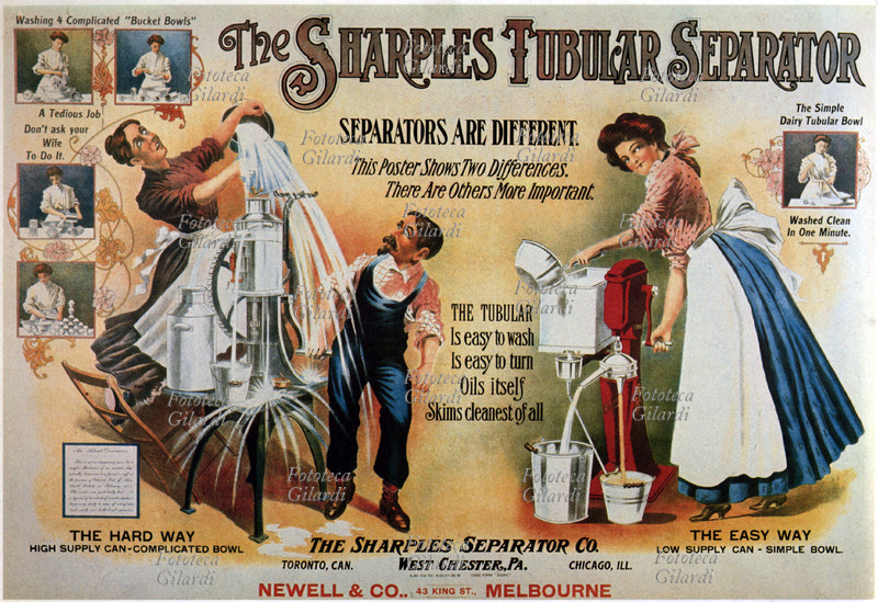 INVENZIONI separatore tubolare per liquidi, della ditta Sharpless. Manifesto pubblicitario australiano, dell\