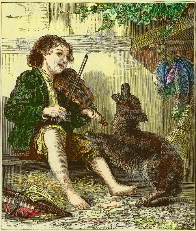 BAMBINI Giovane suonatore ambulante di violino con cane ammaestrato. Il cane è rimasto fedele al suo padroncino pur nella cattiva sorte. Incisione del XIX secolo