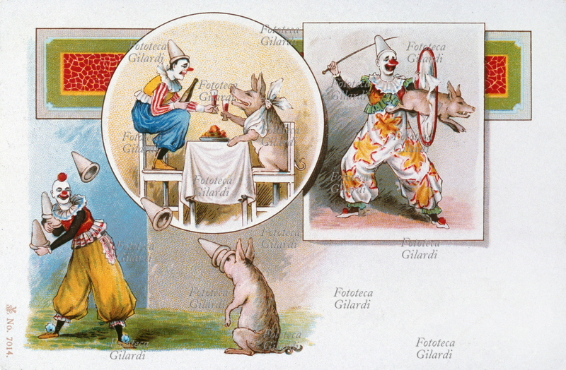 CIRCO clown bianco esegue i suoi numeri comici in collaborazione con un maialino-clown. Il porcello ammaestrato prende al volo dei cappelli a pan di zucchero, mangia seduto a tavola con maggior grazia dell\