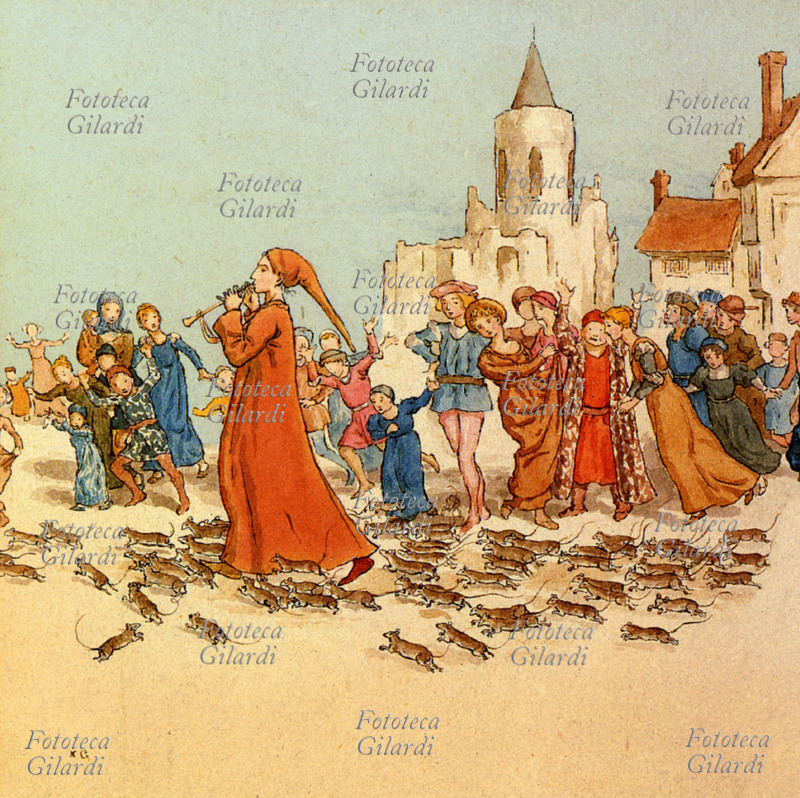 Robert BROWNING (1812-1889) Il Pifferaio libera la città dai topi. Disegno acquarellato di Kate Greenaway per la celebre fiaba \