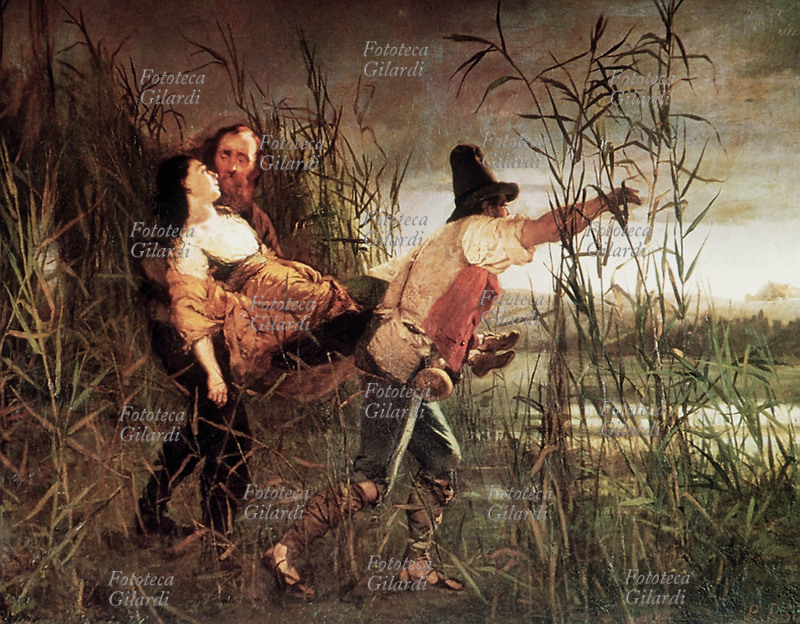 Giuseppe GARIBALDI (4 luglio 1807 – 2 giugno 1882) e il Maggiore Leggero (Giovanni Battista Culiolo, 17 settembre 1813 – 14 gennaio 1871) trasportano in fuga Anita (30 agosto 1821 – 4 agosto 1849) morente, o \