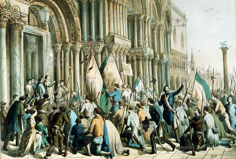 QUARANTOTTO Assedio di Venezia, benedizione delle bandiere italiane con quella di San Marco, 22 marzo 1848. Calcografia acquarellata, XIX secolo