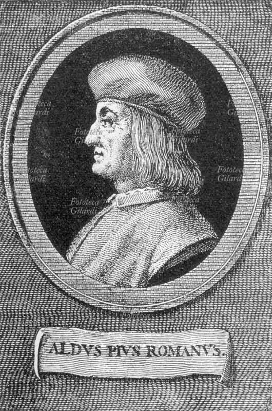 Aldo MANUZIO (tra 1449 e 1452 - 6 febbraio 1515) editore, grammatico e umanista italiano. Ritratto in una incisione di profilo in ovale, Italia, s.d.