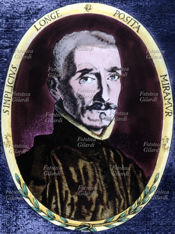 Lope de VEGA CARPIO (25 novembre 1562 – 27 agosto 1635), scrittore, poeta e drammaturgo spagnolo; ritratto in ovale circondato da due rami d\