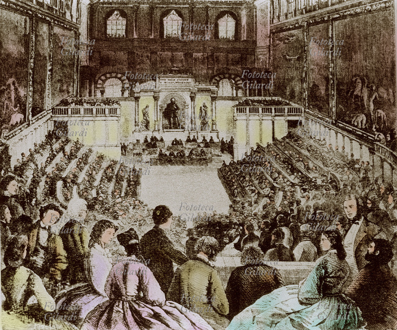 FLORENCE CAPITAL: A session of the Italian Parliament at the Palazzo Vecchio in Florence, which had become the capital of the Kingdom of Italy on September 21, 1864. Colored print, Italy, 19th century.