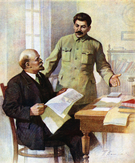 LENIN AND STALIN DISCUSS AN ARTICLE ABOUT THE PRAVDA