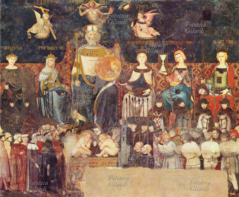 Ambrogio LORENZETTI (1290 circa – 9 giugno 1348) il Podestà circondato dalle allegorie delle virtù: Fede, Carità, Fortezza, Prudenza, Magnanimità, Speranza... etc. Dettaglio dell\