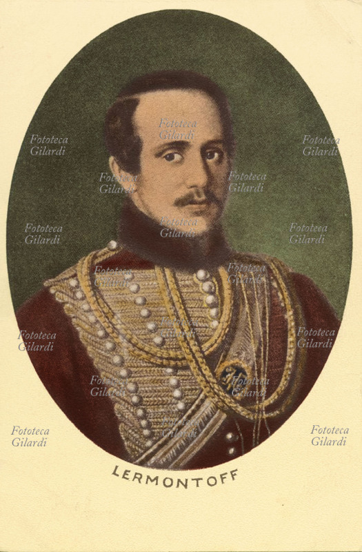 Michail Jurevic LERMONTOV (1814-1841) scrittore e poeta russo, emulo di Puschkin, capostipite del filone psicologico del romanzo russo. Tra le sue opere più conosciute: il romanzo: Un eroe del nostro tempo (1839-40); i poemi: Mcyri e Il demone (1829-33). Incisione colorata, Russia XIX secolo.