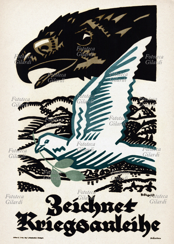 PRIMA GUERRA MONDIALE Manifesto di propaganda a favore del Prestito Nazionale. la colombra della pace con in bocca il ramoscello d\