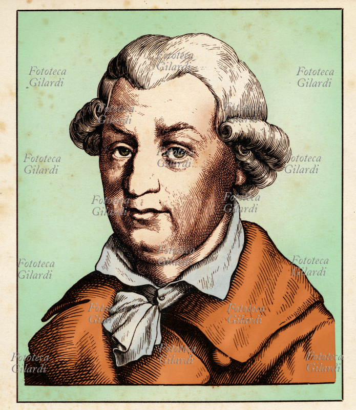 Johann Karl August MUSÄUS (29 marzo 1735 - 28 ottobre 1787), scrittore tedesco di opere a carattere satirico riferite anche a temi favolistici e leggendari della cultura tedesca e francese. Ritratto, versione colorata di una incisione di Hugo Bürkner (1818-1897), Germania 1854