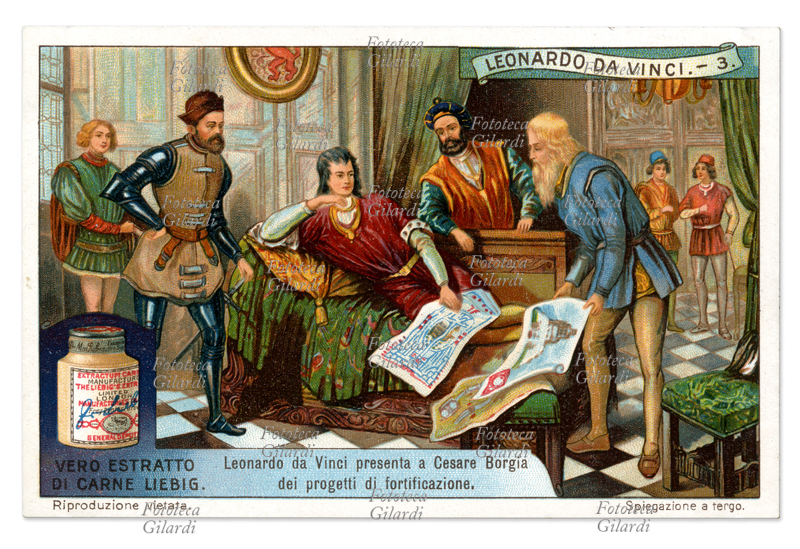 LEONARDO DA VINCI (1452-1519) presenta a Cesare Borgia dei progetti di fortificazione. Figurina della collezione Liebig. Cromolitografia, 1921.