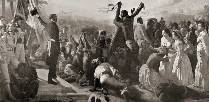 SCHIAVISMO La liberazione degli schiavi in una colonia francese nel 1848. Stampa da dipinto di François Biard, XIX secolo