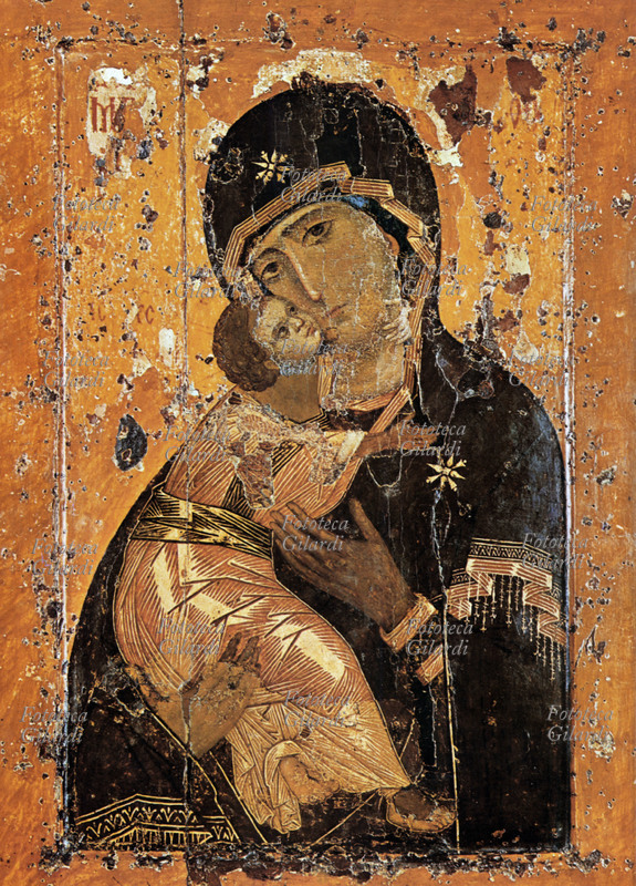 MADONNA la Madre di Dio col Bambino. Icona di scuola bizantina dell\