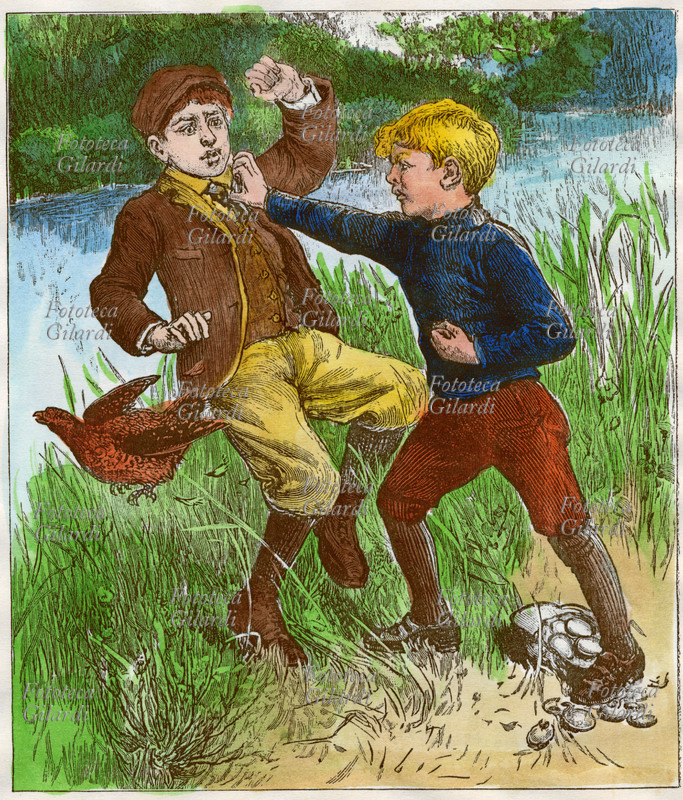 BAMBINI Due ragazzini si prendono a botte, uno viene derubato di un paniere di uova dal prepotente del gruppo. Illustrazione per un racconto di letteratura popolare ottocentesca. Italia, XIX secolo