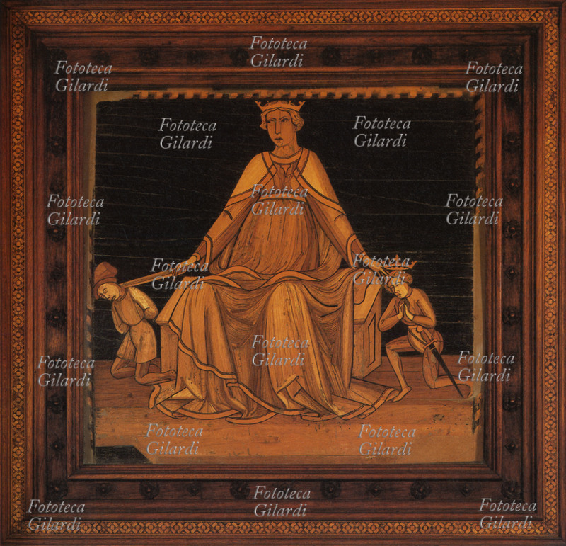 MATTIA di Nanni (il Bernacchino, 1403-1433). Allegory of Justice. The personification of Virtue, seated and crowned, looms over those being judged: with the sword she punishes the guilty on her right, while she honors the honest on her left. Tarsia, Siena 1430.