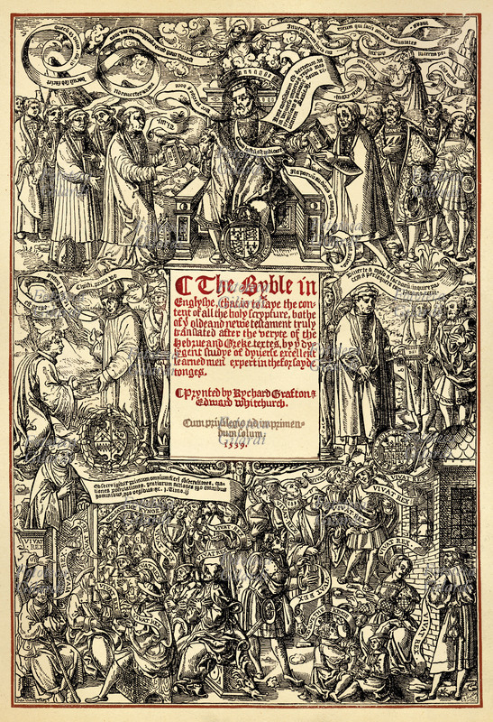 BIBBIA Frontespizio della Bibbia Cranmer. In alto raffigurato Enrico VIII che porge la Bibbia a Thomas Cranmer arcivescovo eretico di Canterbury autore del prologo, e a Thomas Cromwell conte d\