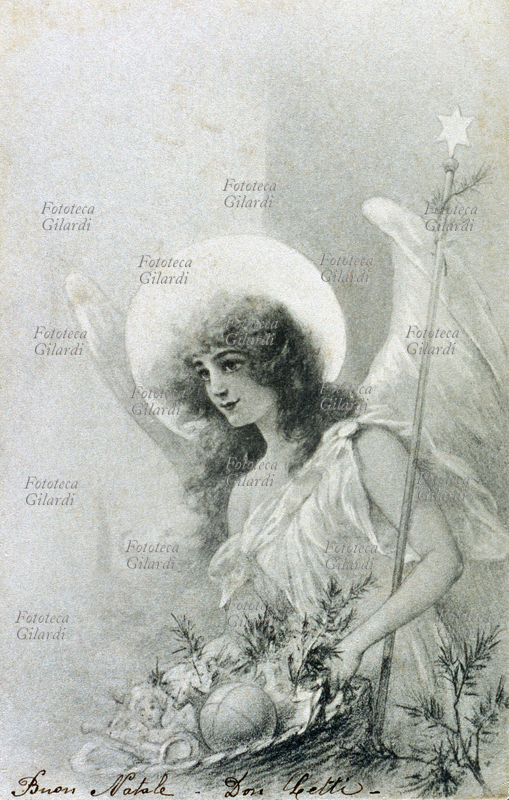 ANGELO di Natale, porta una gerla piena di giocattoli per bambini. Litografia monocromatica, Torino 1900.