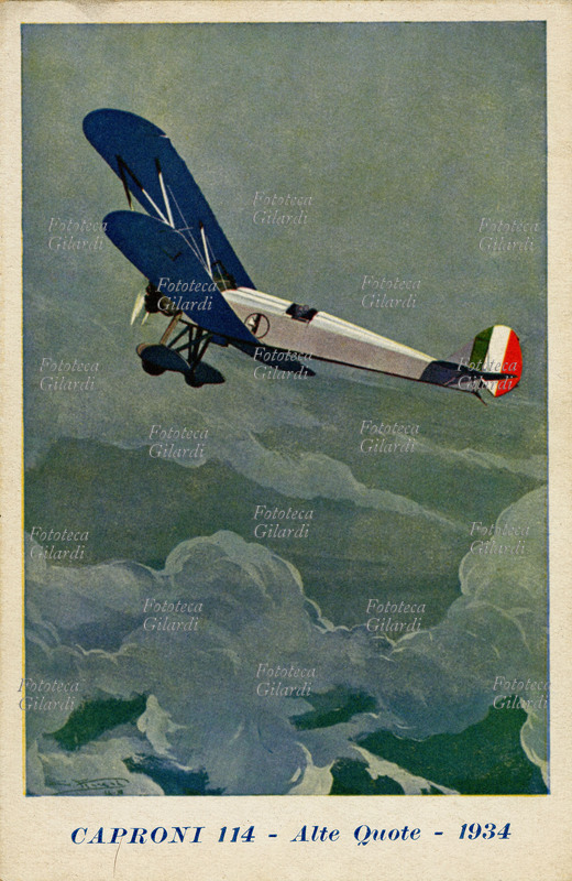 CAPRONI 114 Alte Quote, 1934. Cartolina di propaganda, Disegno di Ferrari. Edizioni d\