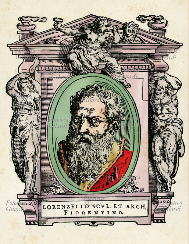 LORENZETTO (23 giugno 1490 - 1541) nome col quale è meglio noto Lorenzo di Lodovico di Guglielmo, o Lorenzo Lotti, scultore, orafo e architetto italiano, allievo di Raffaello e cognato di Giulio Romano. Il ritratto in ovale è racchiuso in una cornice decorata con figure allegoriche e strumenti delle arti. Illustrazione colorizzata su base xilografica del XVI secolo, dal trattato \