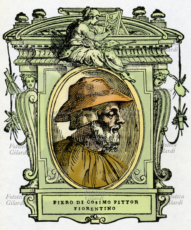 PIERO DI COSIMO (1461 circa – 12 aprile 1522), pseudonimo con cui è noto Pietro di Lorenzo, pittore fiorentino formatosi alla bottega di Cosimo Rosselli, da cui il soprannome. Il ritratto è racchiuso in una cornice decorata con figure allegoriche e strumenti delle arti. Illustrazione colorizzata su base xilografica del XVI secolo, dal trattato \