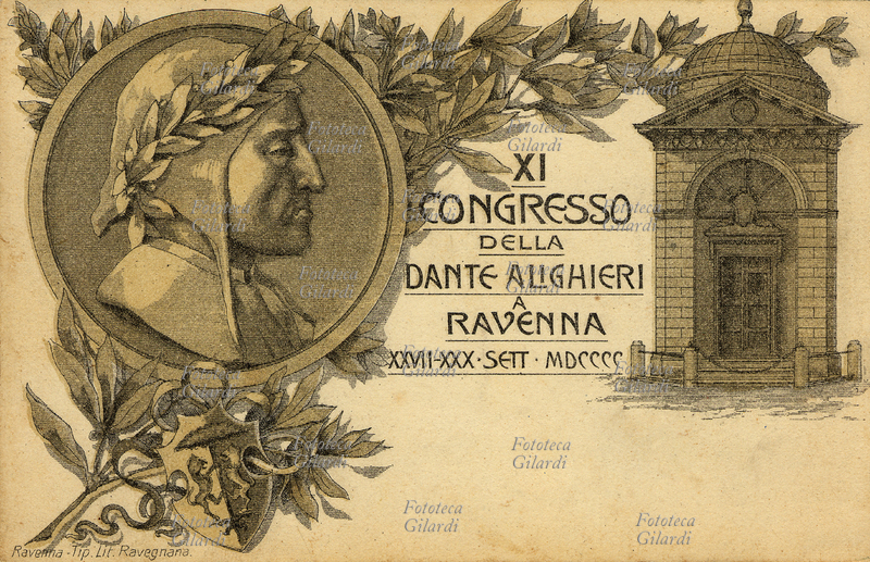 DANTE ALIGHIERI XI congresso della Società Dante Alighieri. Litografia bicolore, cartolina ricordo. Ravenna 27-30 settembre 1900