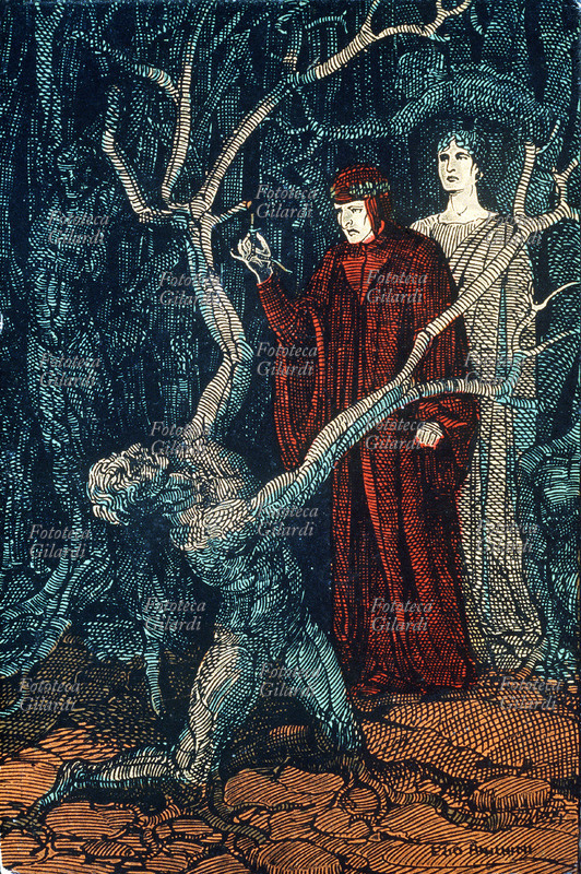 INFERNO Dante (1265 – 1321) and Virgil (70 BC – 19 BC), in the circle of suicides, come across Pier Delle Vigne (c. 1190 – 1249) transformed into a tree. Canto XIII, verse 33: \