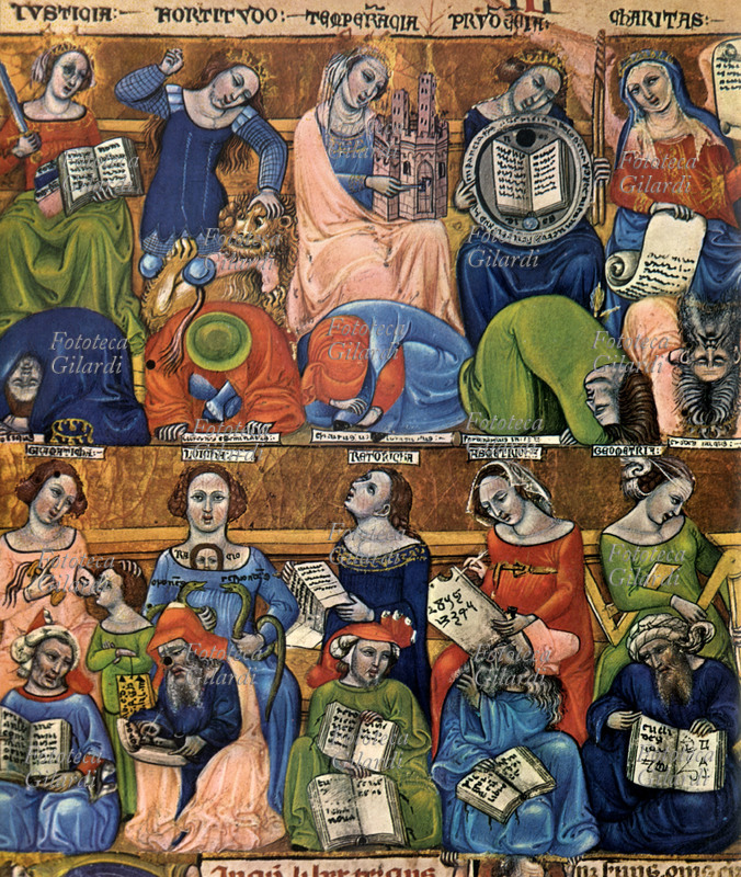 MEDIOEVO Le virtù (in alto) e le scienze (basso). Le vitù sono: giustizia, forza, temperanza, prudenza, carità. Le scienze sono: grammatica, logica, retorica, aritmetica, geometria. Stampa da miniatura di Nicola da Bologna, XIV secolo