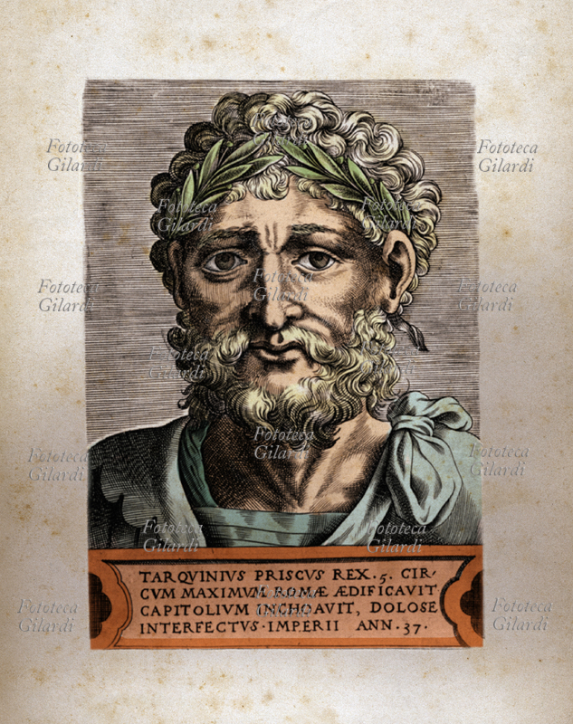 LUCIO TARQUINIO PRISCO (Lucius Tarquinius Priscus) quinto re di Roma regnò tra il 616 a.C. e il 579 a.C., Incisione colorata XVI secolo