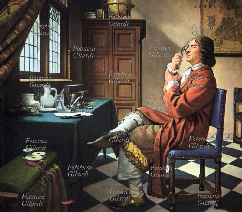 MICROSCOPIO Antoni van Leeuwenhoek (24 ottobre 1632 – 27 agosto 1723), ottico e naturalista olandese, uno tra i fondatori della microscopia. Dipinto, Paesi Bassi XVIII secolo