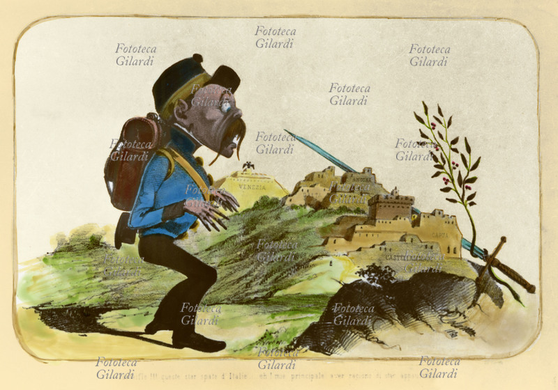 RISORGIMENTO Caricatura antiaustriaca sulla questione veneziana. Il soldato austriaco, vedendo una lama spuntare dietro le cittadine italiane arroccate esclama: \