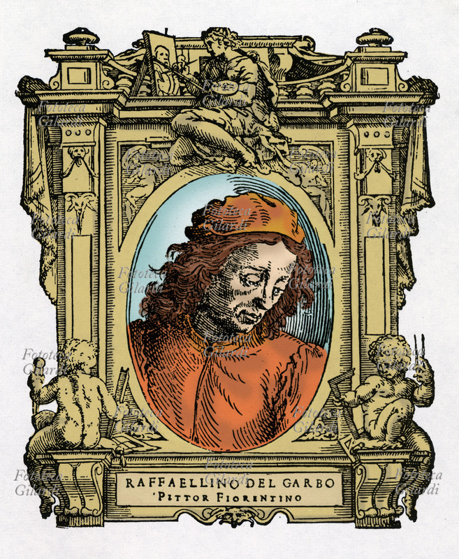 RAFFAELLINO DEL GARBO (1466 - ca. 1525) soprannome con cui è noto il pittore fiorentino Raffaellino de Carli. Il ritratto è racchiuso in una cornice decorata con putti che reggono gli strumenti dell\