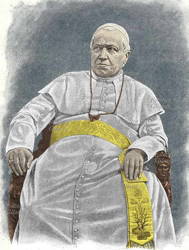 PIO IX (Giovanni Mastai Ferretti, 1792-1878) 253° Papa (1846-1878) seduto incisione colorata, collezione privata. XIX secolo.