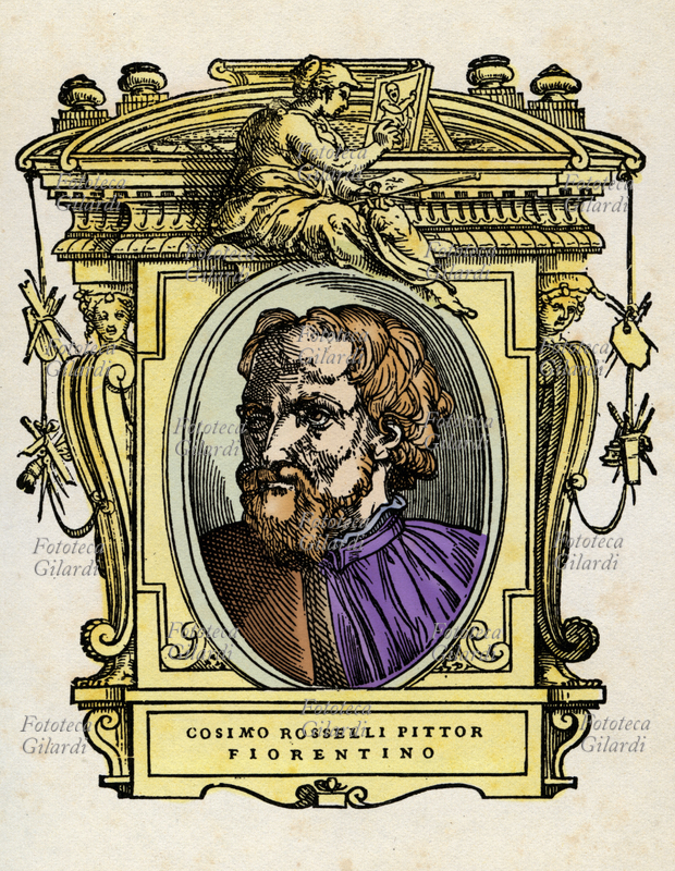 COSIMO di Lorenzo ROSSELLI (1439 - 1507), pittore fiorentino, convocato da papa Sisto IV a Roma per decorare la Cappella Sistina al pari di Pietro Perugino, Domenico Ghirlandaio e Sandro Botticelli. Il ritratto in ovale è racchiuso in una cornice decorata con figure allegoriche e strumenti delle arti. Illustrazione colorizzata su base xilografica del XVI secolo, dal trattato \