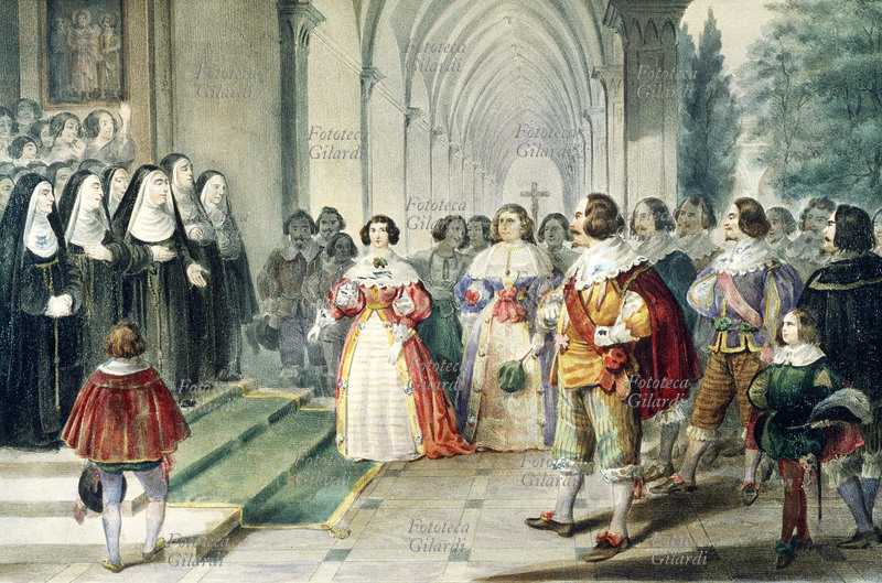 Alessandro MANZONI (1785 - 1873) La monaca di Monza entra in convento. Litografia a colori di Gatti e Dura per una edizione del romanzo \