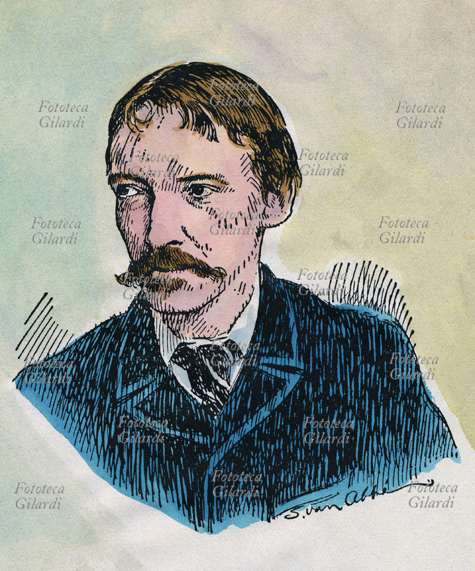 Robert Louis STEVENSON (13 November 1850 – 3 December 1894), author of fantasy and adventure novels. Watercolour engraving, 19th century UK.