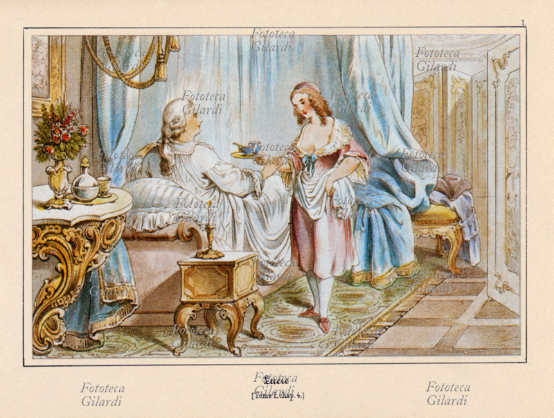 Giacomo CASANOVA (2 aprile 1725 – 4 giugno 1798), avventuriero, scrittore, poeta, alchimista, esoterista, massone, diplomatico, scienziato, filosofo e agente segreto italiano, cittadino della Repubblica di Venezia, seduttore per antonomasia, al suo risveglio si trova davanti la giovane cameriera Lucie. Incisione a colori di Adolf Gnauth Sr. (18 novembre 1812 - 1876) da disegno di Julius Nisle (8 aprile 1812 - 1850) per la \