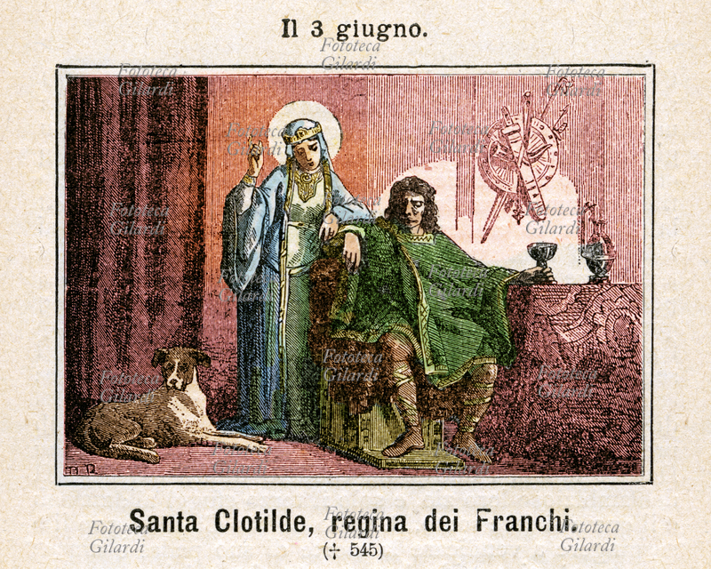 Santa CLOTILDE regina dei Franchi, (475 circa - 3 giugno 545); principessa del regno di Burgundia, andò sposa al re dei Franchi Sali, il merovingio Clodoveo I, che convertì al cristianesimo. Venerata come santa dalla Chiesa cattolica, è commemorata il 3 giugno, giorno della morte (Dies Natalis, nascita al cielo). Incisione colorata, Italia 1886