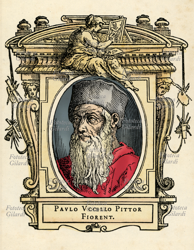 PAOLO UCCELLO (15 giugno 1397 - 10 dicembre 1475), soprannome di Paolo di Dono, ovvero Paolo Doni, pittore e mosaicista italiano; operò nel periodo di transizione dal tardo gotico ai primordi del Rinascimento, con una intensa personale ricerca della rappresentazione prospettica. Il ritratto è racchiuso in una cornice decorata con cariatidi che reggono gli strumenti dell\