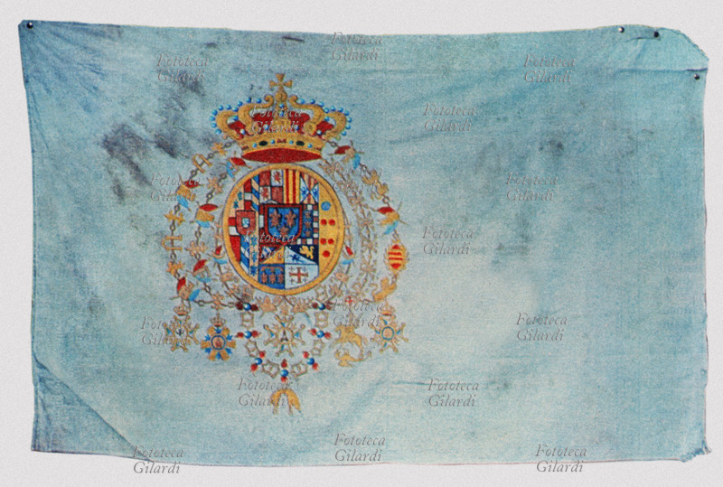 RISORGIMENTO Bandiera del Regno delle due Sicilie con lo stemma dei Borboni. La stessa che sventolava a Gaeta durante l\