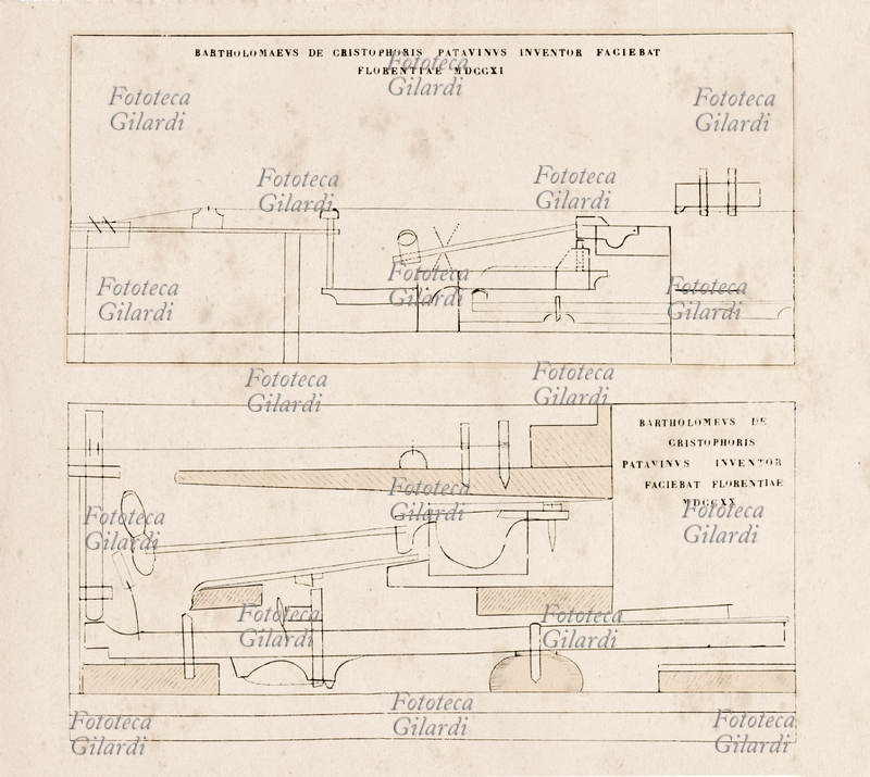 MUSICA Disegno di due modelli di fortepiano di Bartolomeo Cristofori (1655-1731) costruiti nel 1711 e nel 1720